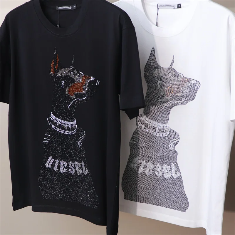 2024 Summer New Rhinestone Black T-shirt Men Oversized Round Neck Cartoon Rhinestone Dog Short Sleeve T-shirt Mens T Shirts