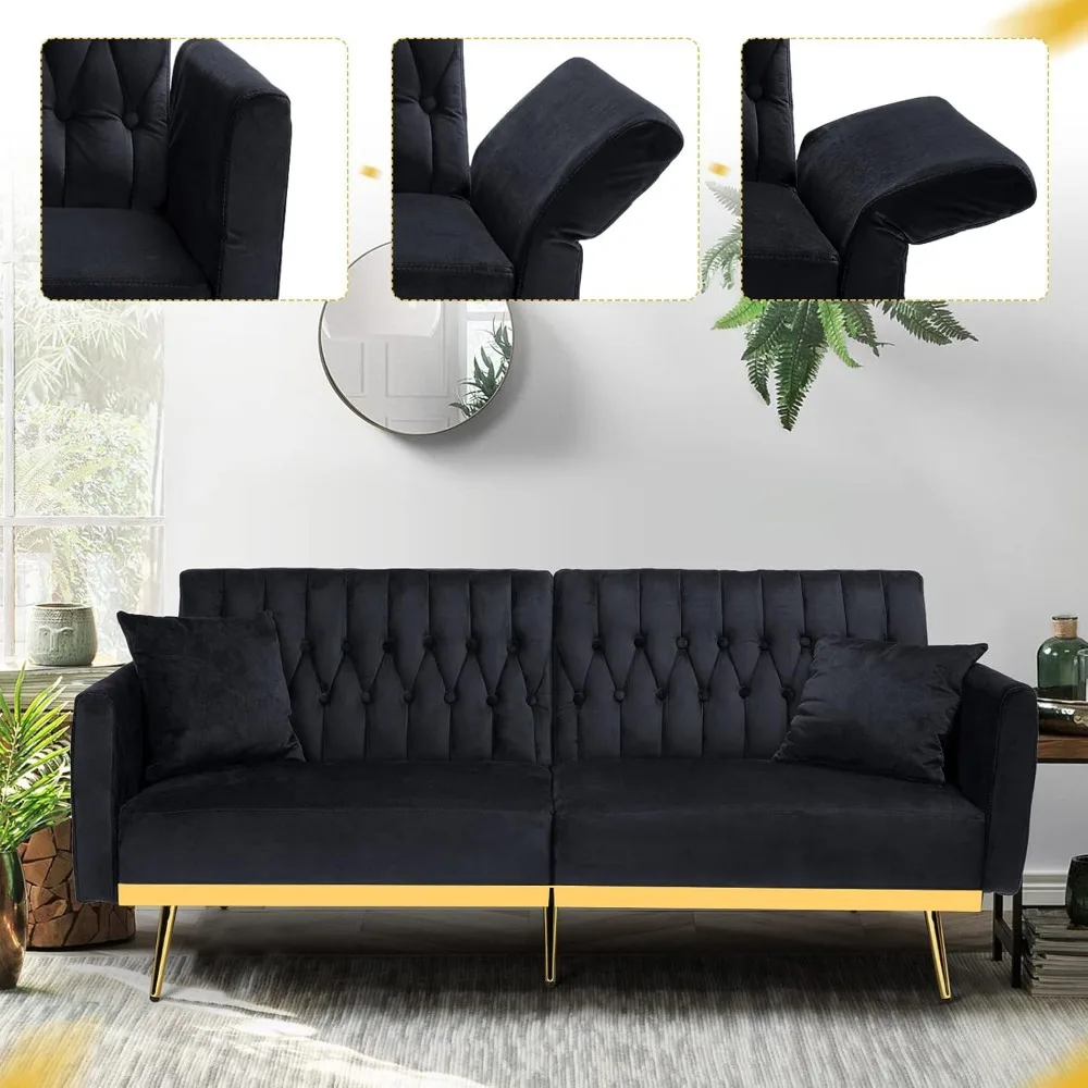 70” Velvet Futon Sofa Bed with 2 Pillows and Adjustable Armrests, Convertible Sleeper Bed, Modern Loveseat for Living Room