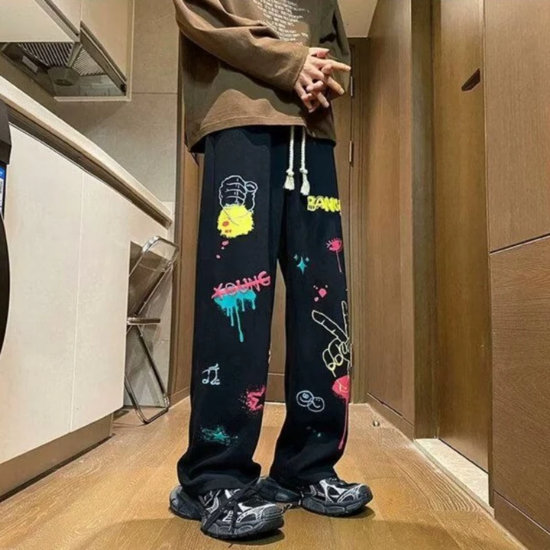 

Autumn Men’s Sport Sweatpants Thick Cotton Loose Eye Catching Cartoon Foam Printing Straight Leg Casual Trousers for Streetwear