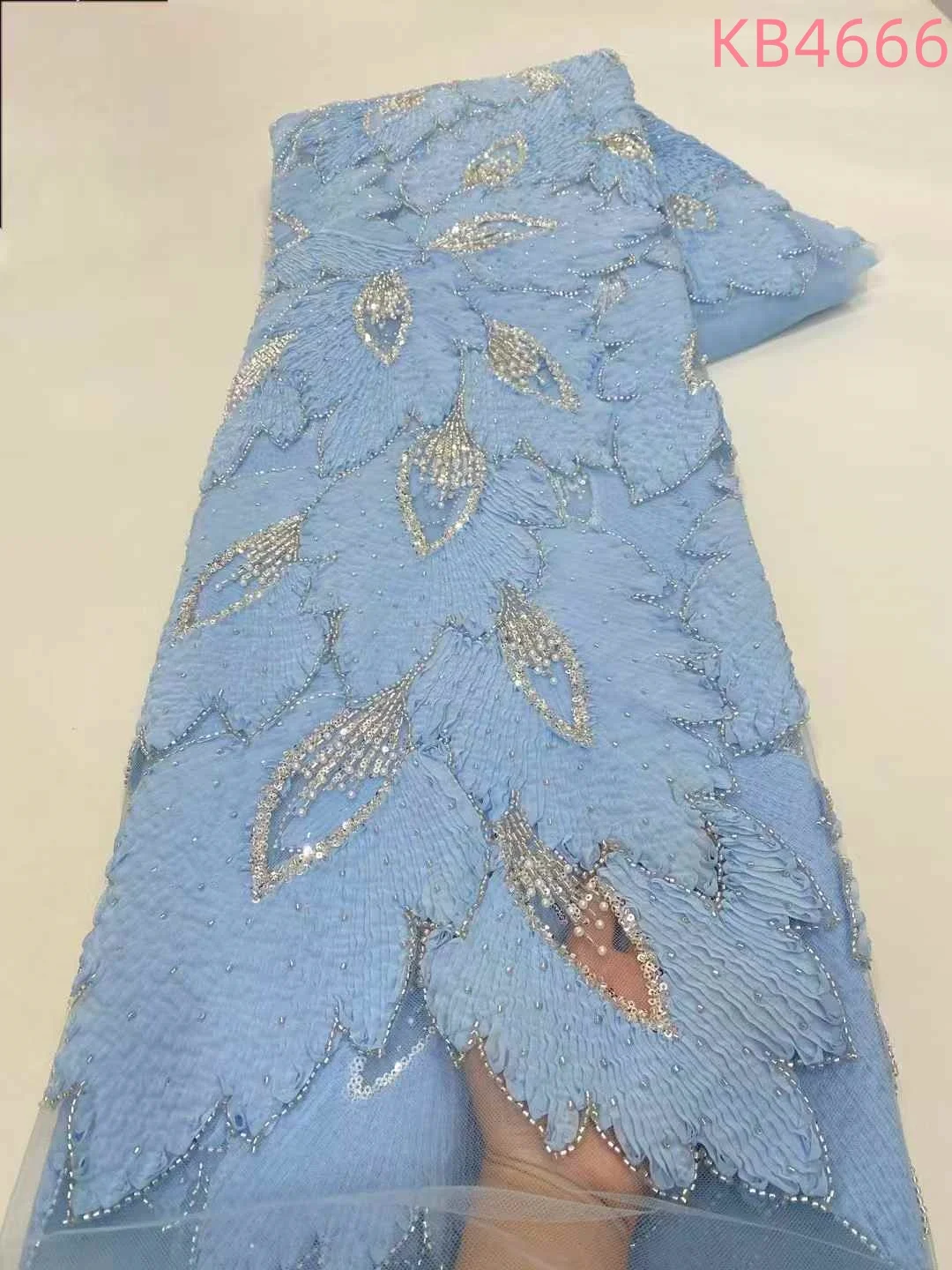 5 Yards 3D Floral Lace Fabric 2025 Luxury African Luxury Fabrics Sky Blue Beaded Lace Fabrics Sequins Net For Sewing KB4666