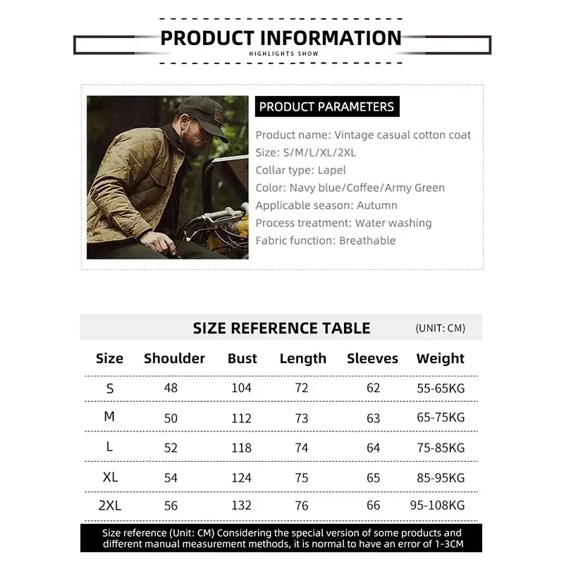 Men\'s Diamond Check Clamp Cotton Jacket Waterproof With Pocket Cargo Coats Vintage Casual Outerwear Male