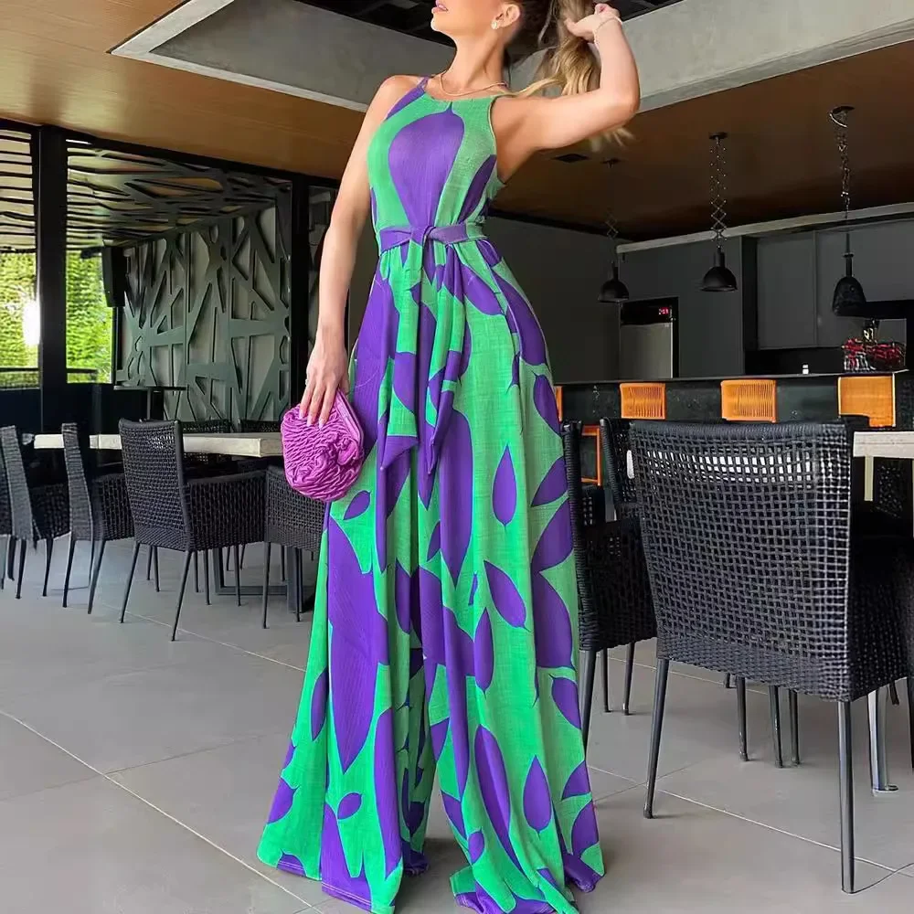 Elegant Purple Sleeveless One-Piece Suit Commuter Style Halter Print High Waist Form-Fitting Women's Clothing Spring Trend