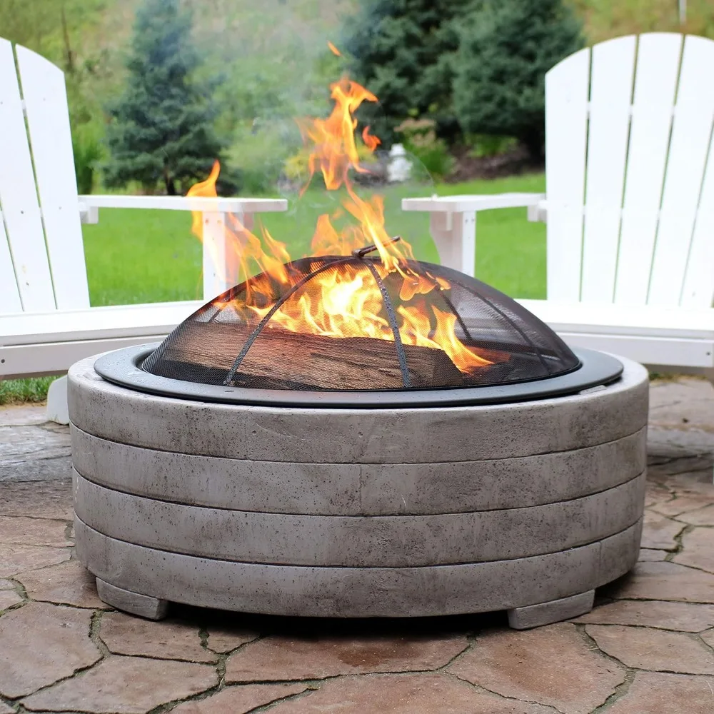 35-Inch Faux Stone Fire Pit Bowl with Handles - Includes Spark Screen - Wood Burning, Fire Pit