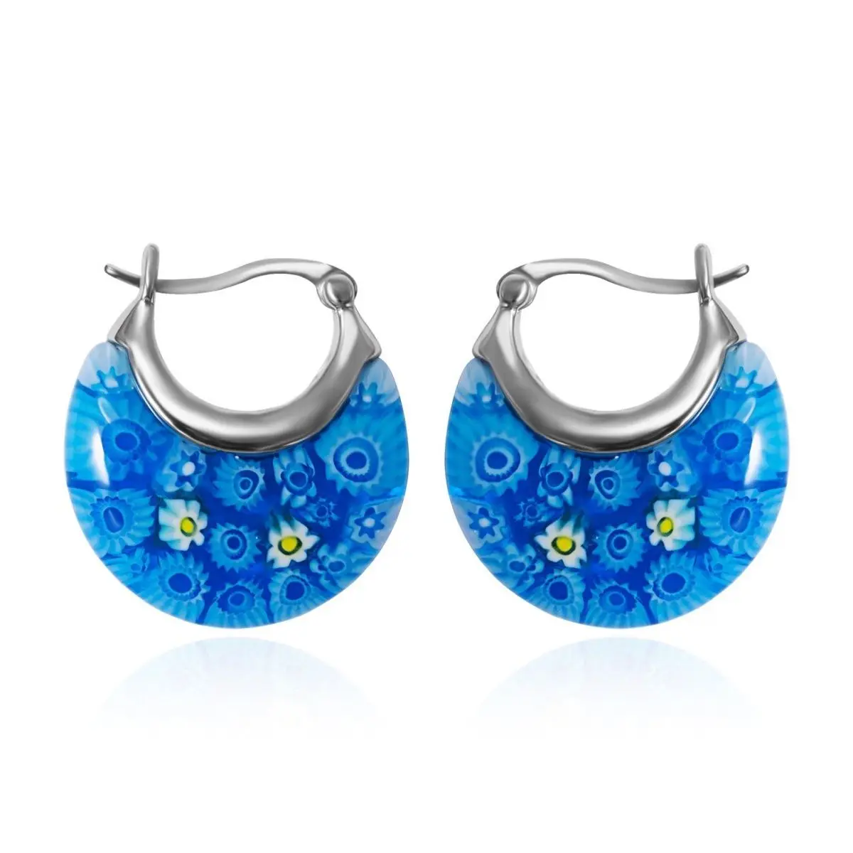 Blue Murano Style Hoop Glass  Earrings for Women Daisy Flower Stainless Steel Jewelry Trendy Gift for Loves For Girls