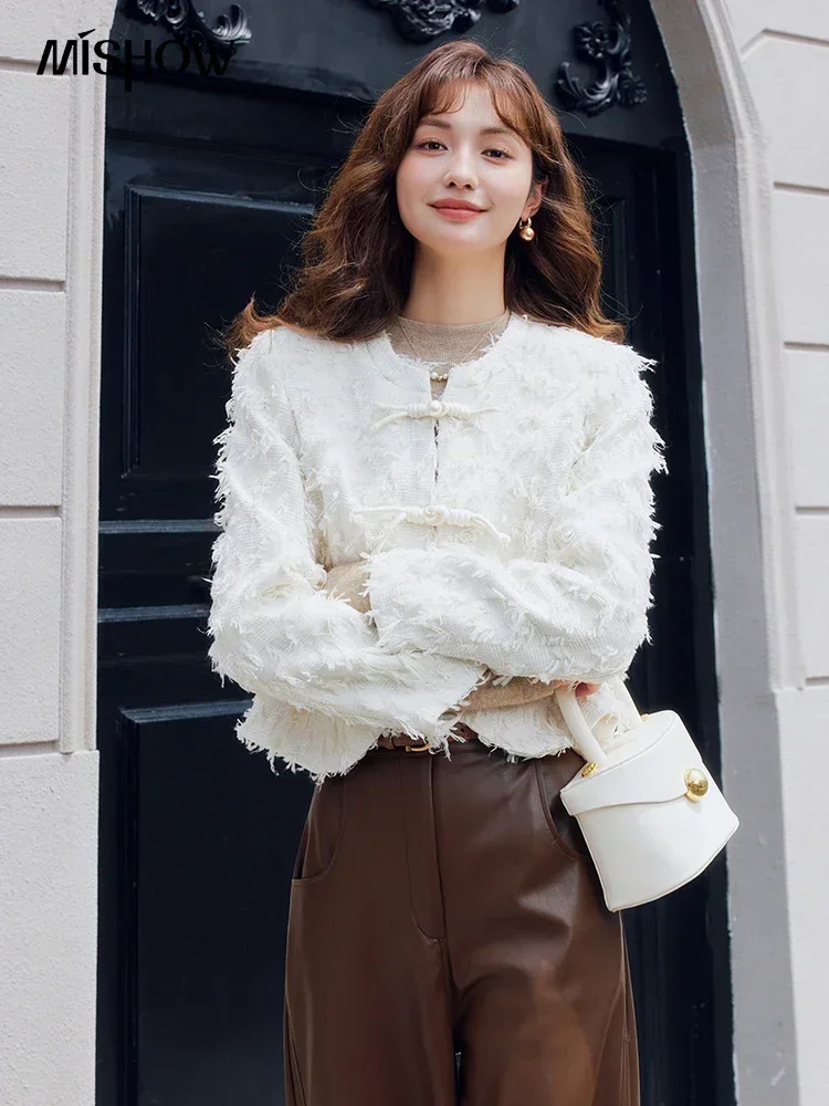 MISHOW Chinese Style Coat 2023 Autumn New Jacket Women\'s Button Down Crew Neck Solid Feather Office Lady Crop Tops MXC48W0156