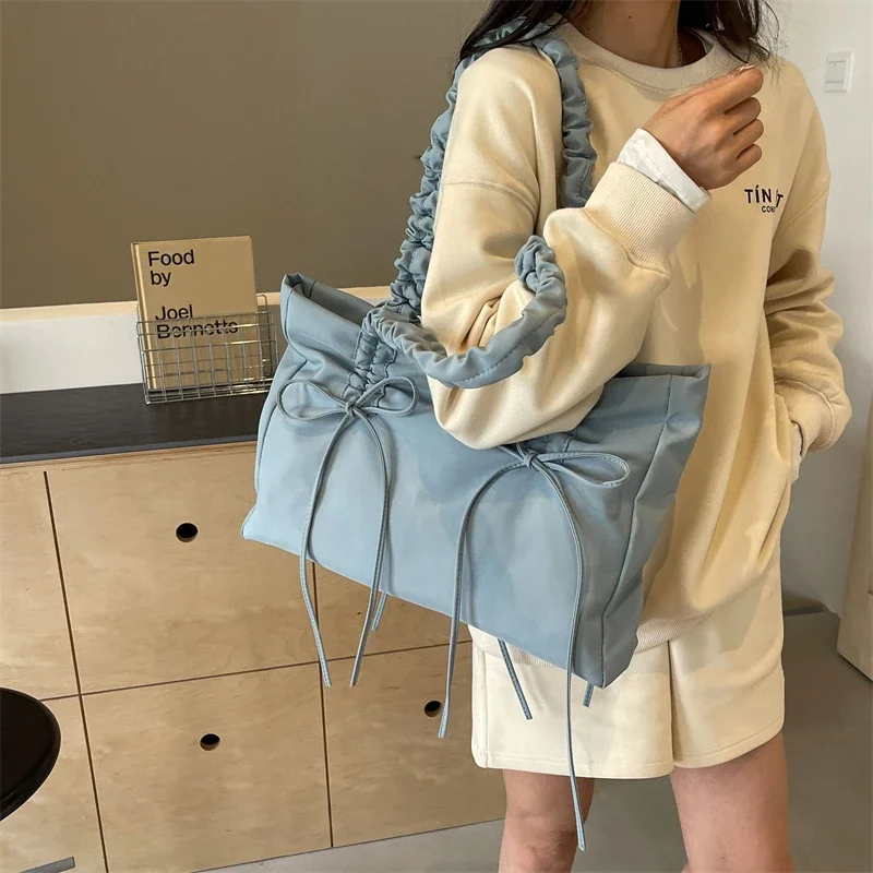 Meet You Bow Design Women's Large Capacity Shoulder Bag Fashion Trend Pleated Shoulder Strap Shopping Tote Female Crossbody Bag