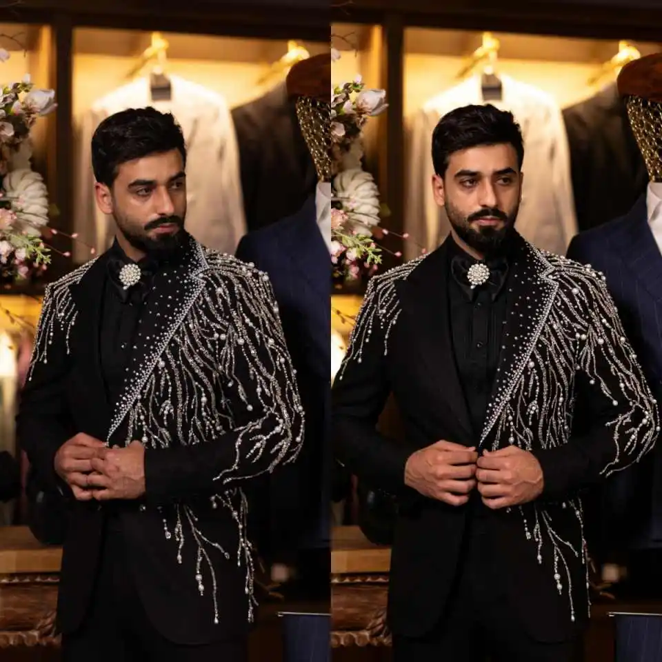 Luxury Wedding Tuxedos Beaded Notched Lapel 2 Pcs Jacket Pants Men Suit Pearls Single Breasted Groom Blazers Evening Customized