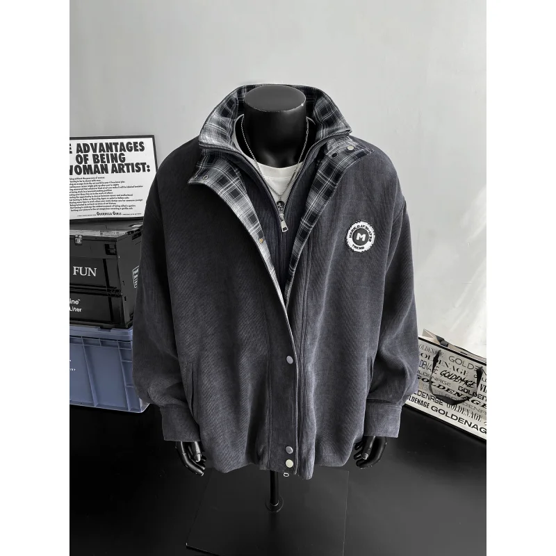 

Мужская куртка в американском ретро-стиле, имитация двухслойности, весенне-осенняя, в клетку, с лоскутным шитьем, рабочая одежда, свободный крой, длинный рукав