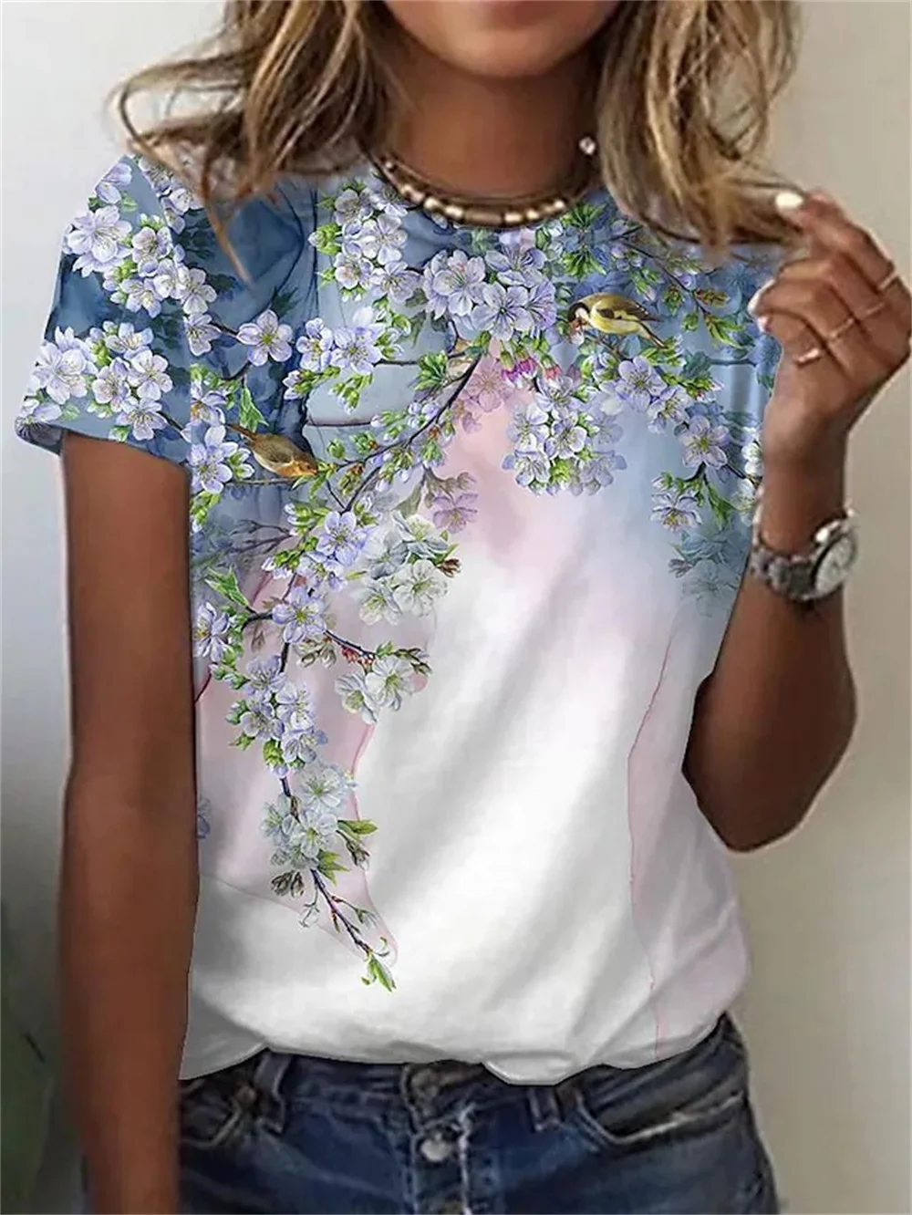 Camiseta floral de manga curta feminina, Harajuku, vintage, casual, rua alta, roupa feminina, moda verão, nova