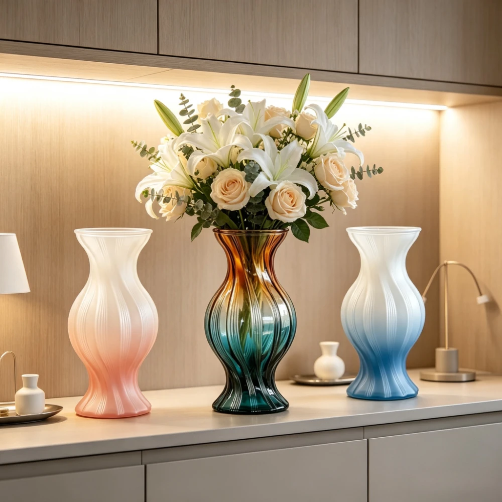 Colorful Gradient Glass Flower Vase Vintage Ripple Textured Flower Vase Flower Arrangement Home Wedding Tabletop Decor
