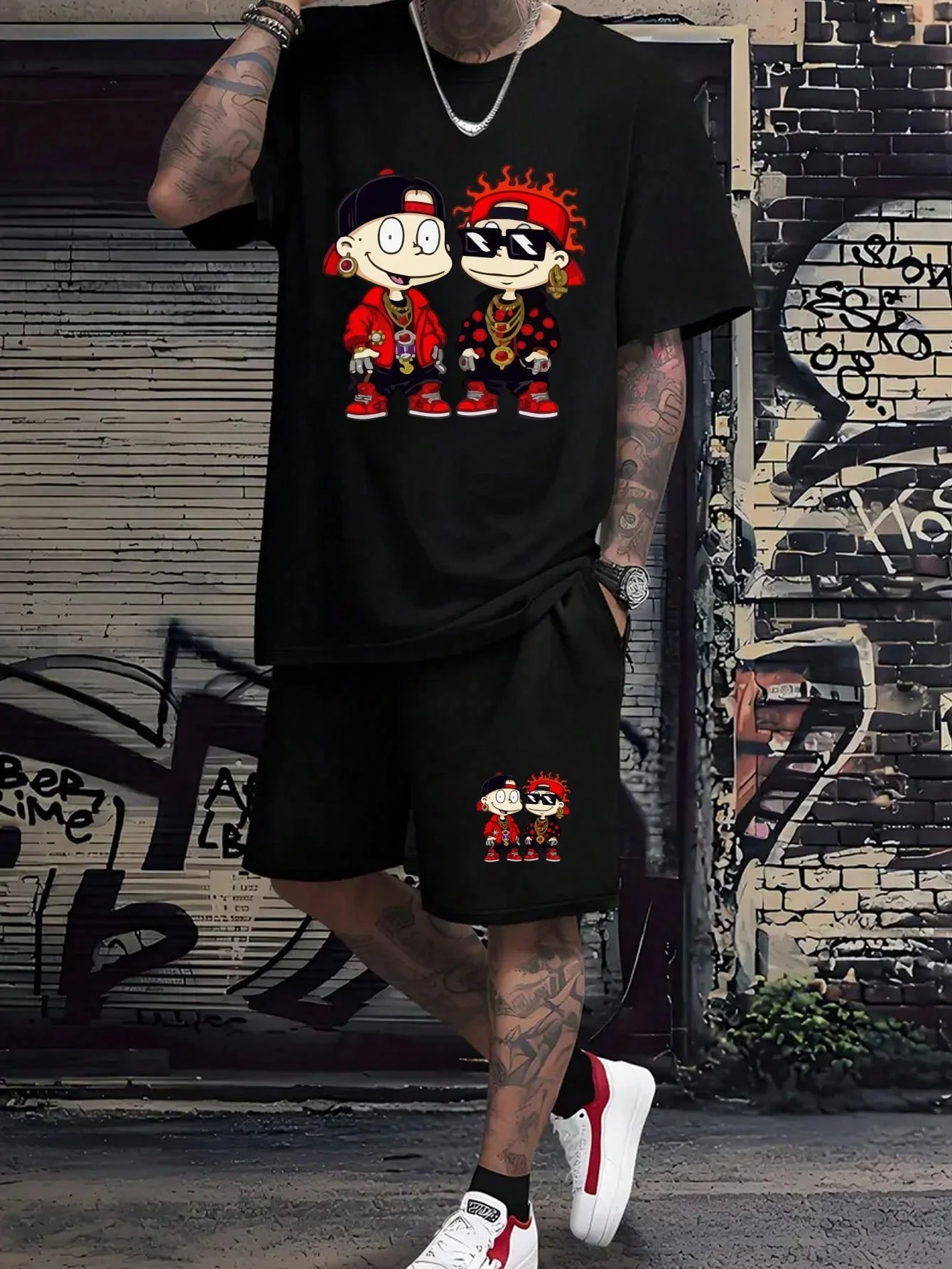 

Men's Cute Graphic Print Casual Round Neck T-Shirt Set Summer Casual Tracksuit Set Hip Hop Street Men's Clothing Sports Suit Tee