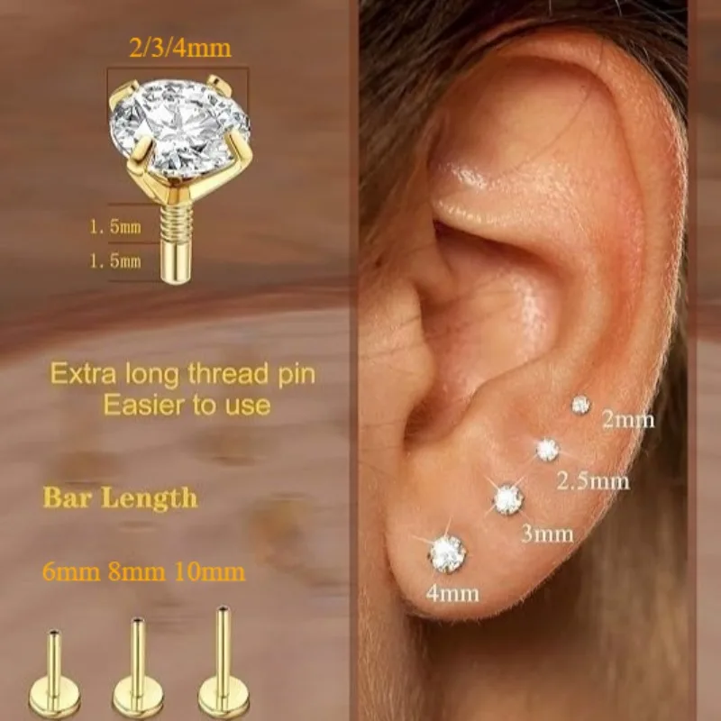 9PCS 16G 2mm 3mm 4mm Clear Cubic Zirconia Labret Monroe Lip Ring Tragus Helix Earring Stud Barbell Piercing Jewelry