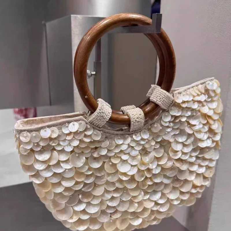 Handmade Heavy Industry Bead Handbag Embroidered Natural Shell Diagonal Totes Half Moon Crossbody Women's Wedding Part Bags New