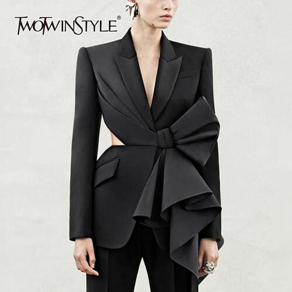 TWOTWINSTYLE Solid Spliced Bowknot Hollow Out Blazer For Women Notched Collar Long Sleeve Tunic Temperament Blazers Female New