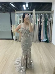 MYMB Nude Stunning Spaghetti Straps Sweetheart Neck Prom Party Dresses for Special Events Luxury Mermaid High Split Evening Gown