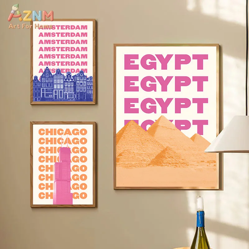 AZNM Retro City Travel Canvas Wall Art, Mexico Greece Miami Toronto Landmark Print, Frameless Colorful Typography Canvas Paintin