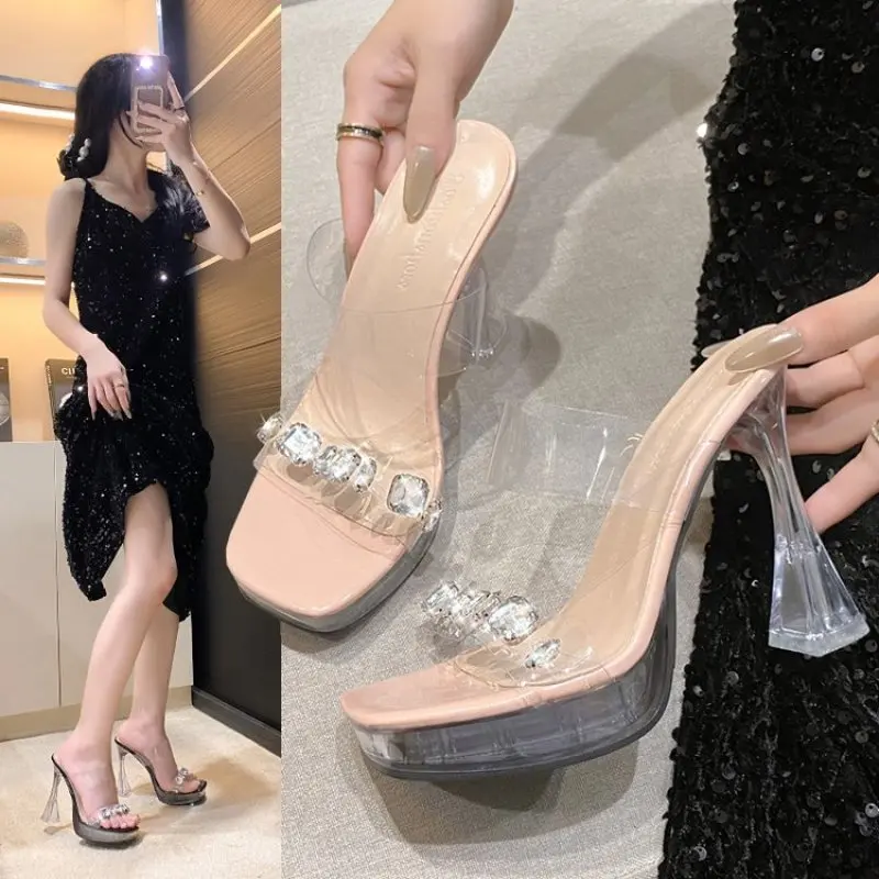 

Big size 35- 42 Rhinestones Bowknot Transparent PVC Women Slippers Elegant High heels Summer Shoes Sandals Fashion Mules Slides