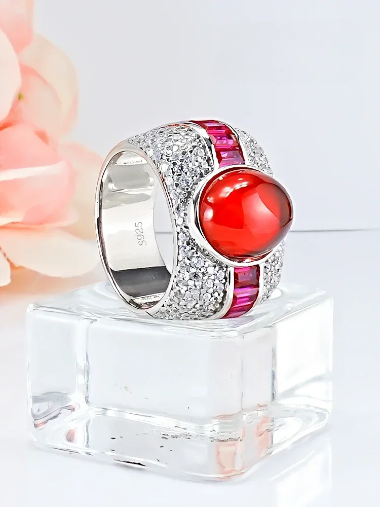 Luxury Set Artificial Red Chalcedony 925 Silver Ring with High Carbon Diamond Ring Vintage Wedding Jewelry