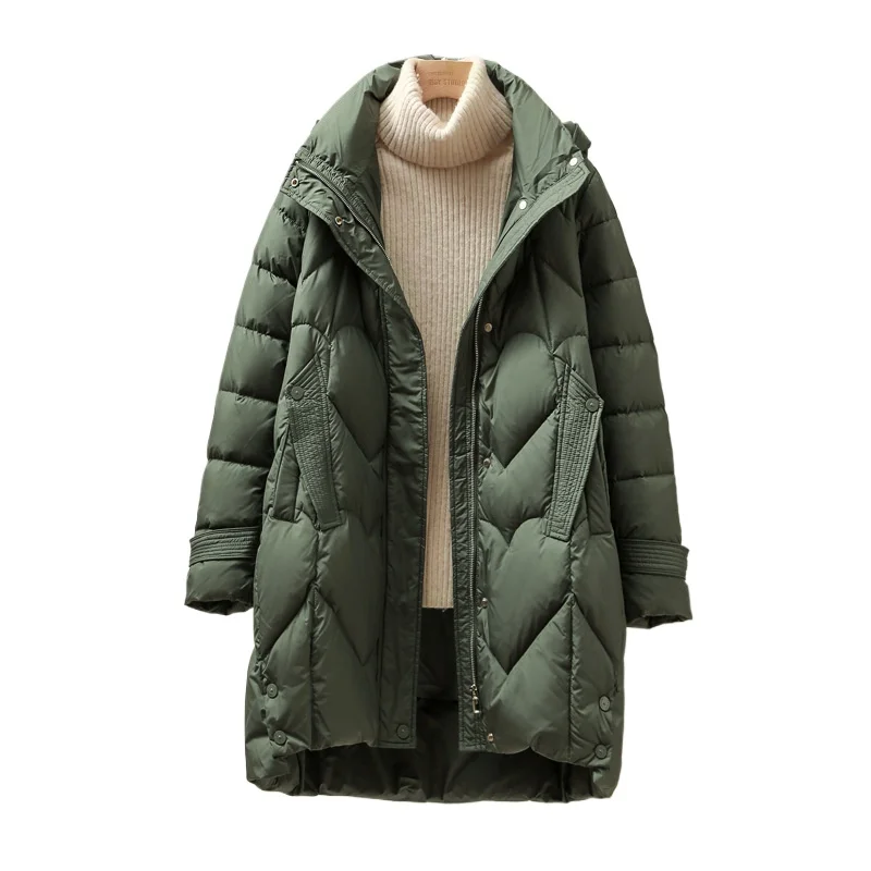 Hooded Coats Down Mid-length Jackets for Women Korean Fashion Simple Down Jacket Loose Commuting Parka Thick Warm Puffer Coats