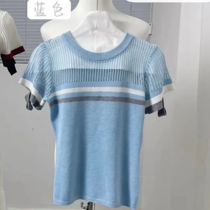 Women's Blue Knit Top Short Sleeve Crew Neck Striped Contrast Trim Casual Summer Top