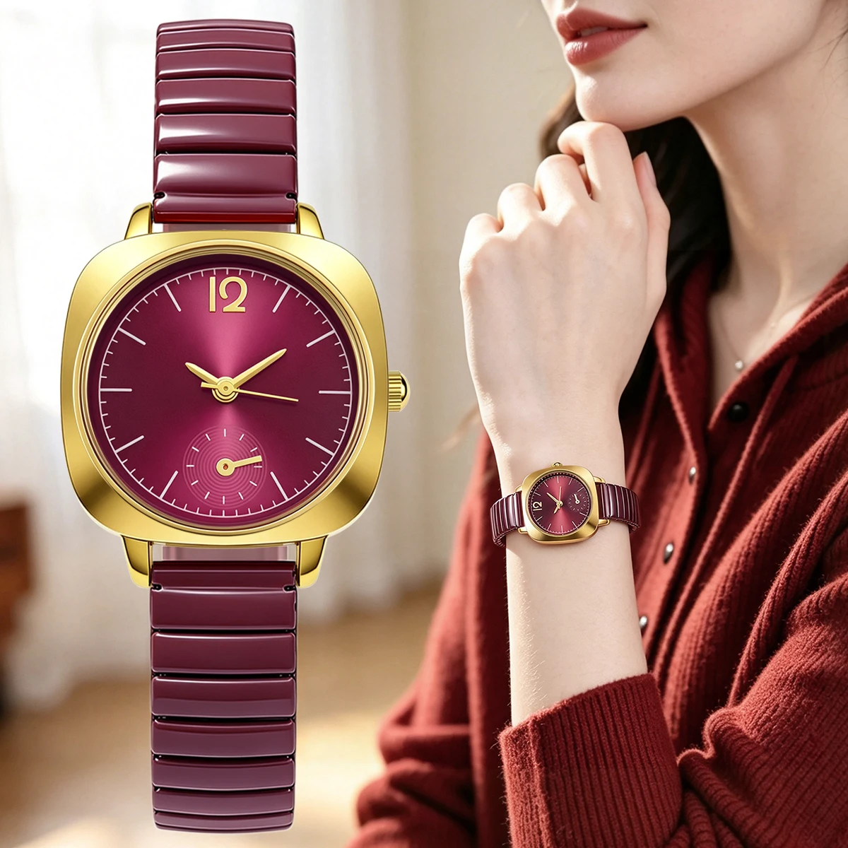 Elegant Square Women Quartz Wristwatch Gold Alloy Case Decorative Subdial Elastic Bamboo Segment Strap Ladies Watch