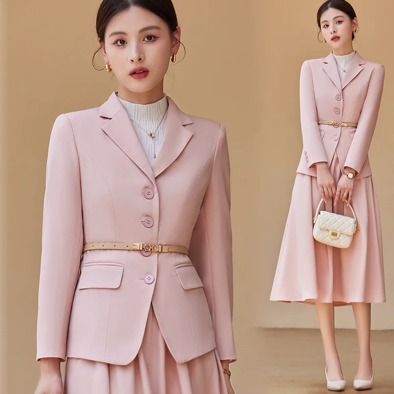 High Quality fall Womens Work Wear 2-piece Long Skirt  Korean Coat Female Formal Office Ladies  Blazer Sets (without Belt) wint