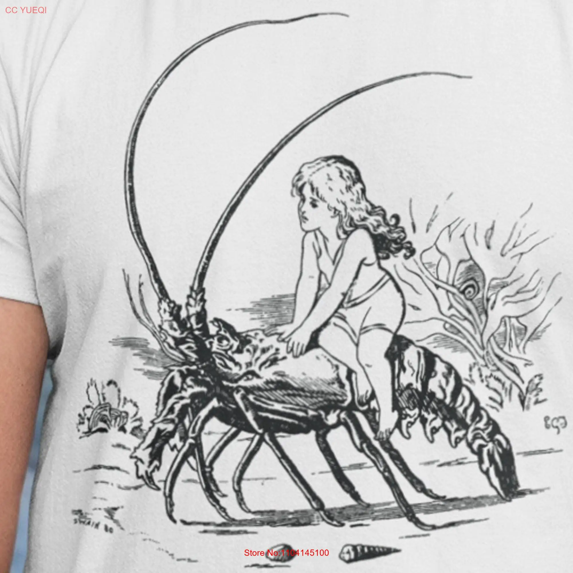 Victorian Little Girl Riding a Lobster Funny T Shirt Softstyle for Men and Women long or short sleeves