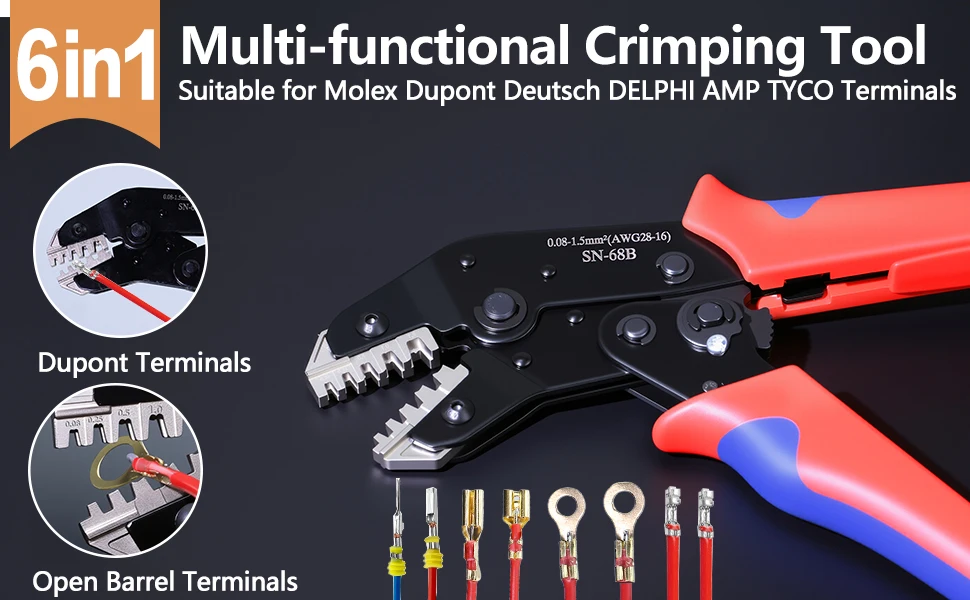 SN-68B Draht-Crimpzange für JST PH 2,0 mm, XH 2,5 mm, VH 3,96 mm, JWPS 4,0 mm und Dupont Open Barrel Terminals Crimper – Detail 2
