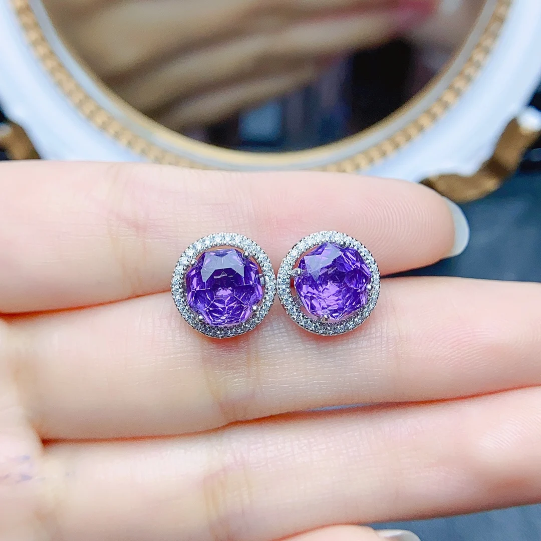 

FS 8mm Natural Amethyst S925 Sterling Silver Earrings for Women With Certificate Fine Fashion Charm Weddings Jewelry MeiBaPJ