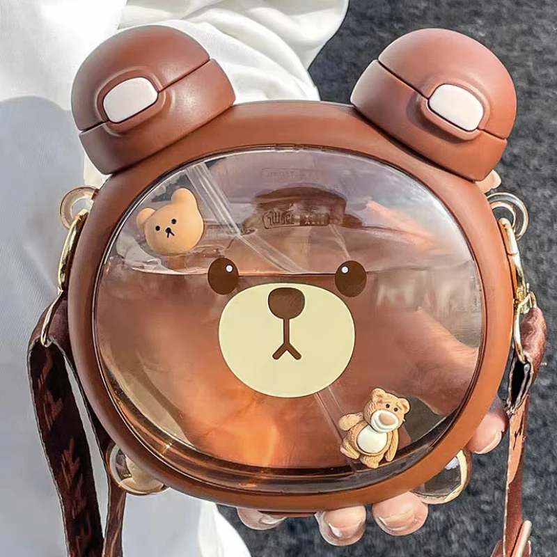 

Kawaii Double Sided Bear Water Bottles 750ml Cute Tritan Flat Bubble Tea Juice Gym Traval Portable Drink Bottle Straw BPA Free