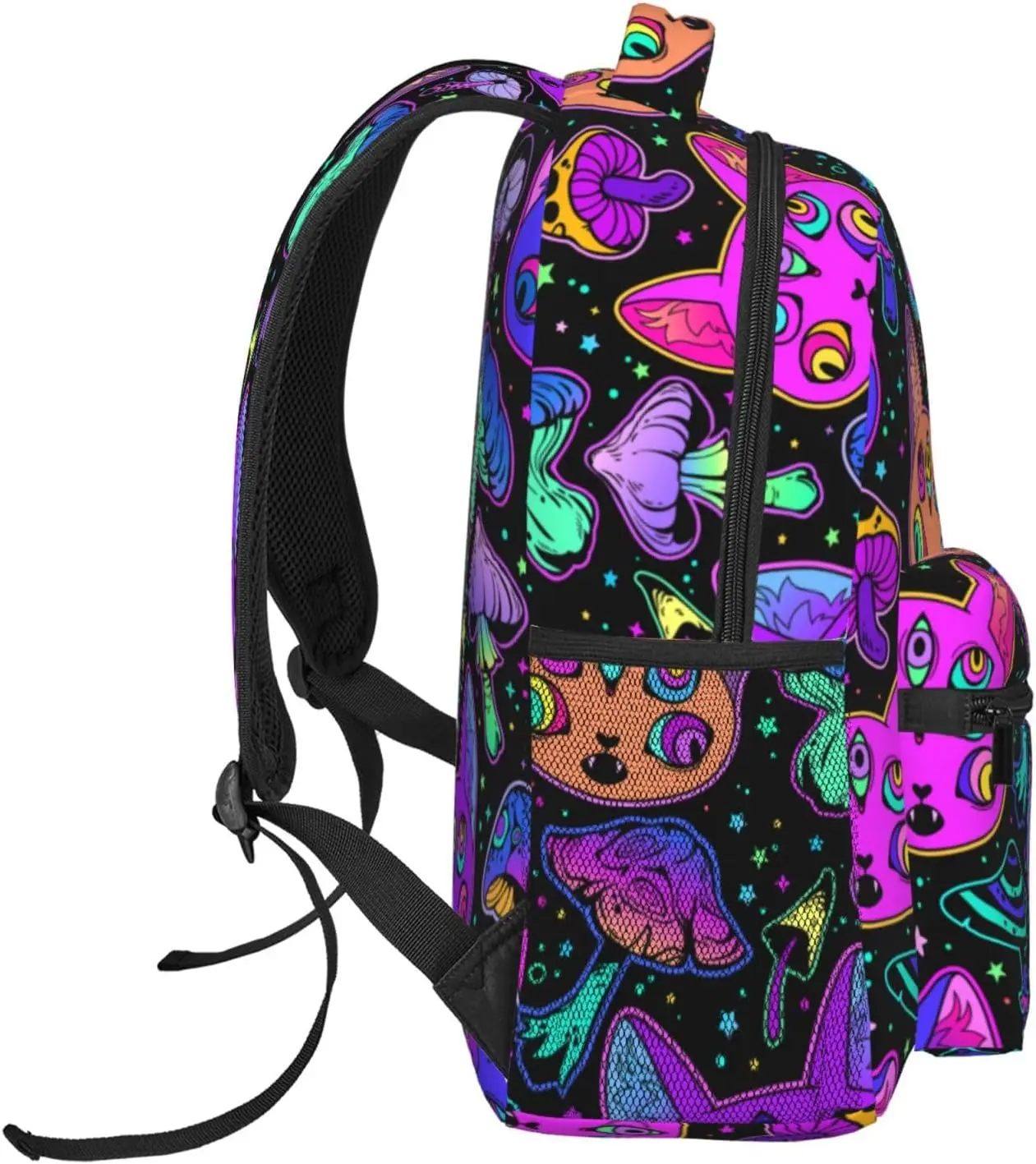 Backpack Casual Halloween Trippy Eyes Black Cat Mushrooms Bookbag with Padded Straps Anti Theft Rucksack for Travel Camping