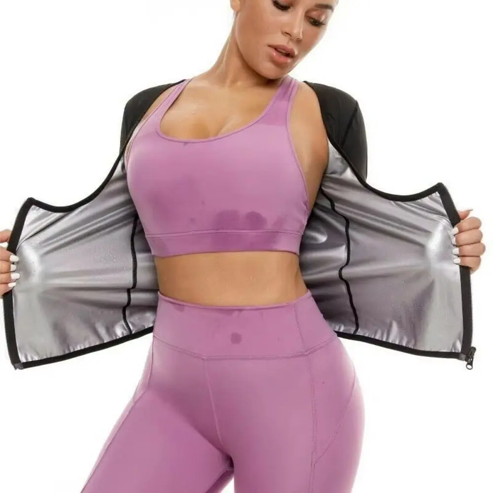 Ternos de sauna femininos com captura de calor, manga curta, design com zíper, roupa modeladora de compressão, push up, camisas de suor para sauna