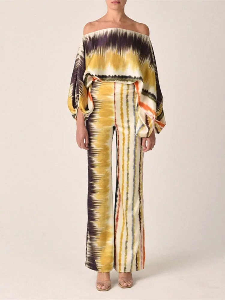 ผู้หญิงหลวมแขนค้างคาวกางเกงขากว้างชุดสองชิ้นแฟชั่นฤดูร้อนพิมพ์อารมณ์Elegantแขนยาวชุด