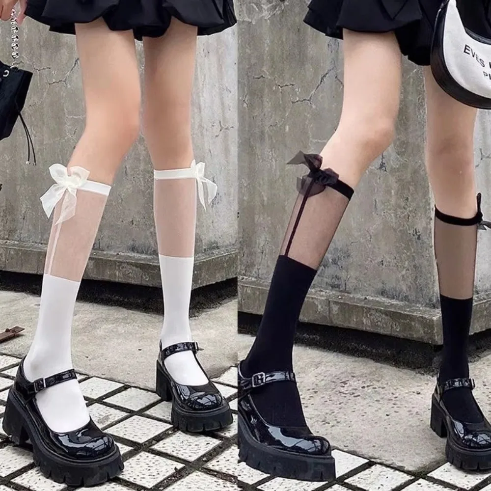 

Transparent Calf Socks Japanese JK Knee Sock Sweet Bow Lolita Mid Tube Socks Cute College Kawaii Girls Woman Slim Stockings