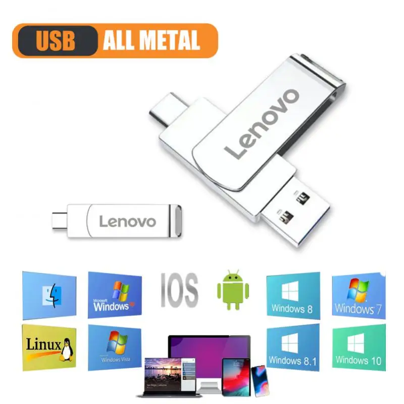 Lenovo-Type-C Metal Pen Drive, USB 3.0 Flash Drives, Memory Stick de alta velocidade, Chaveiro Livre, U Disco para Laptop, 16TB, 128GB, 512GB, 2TB