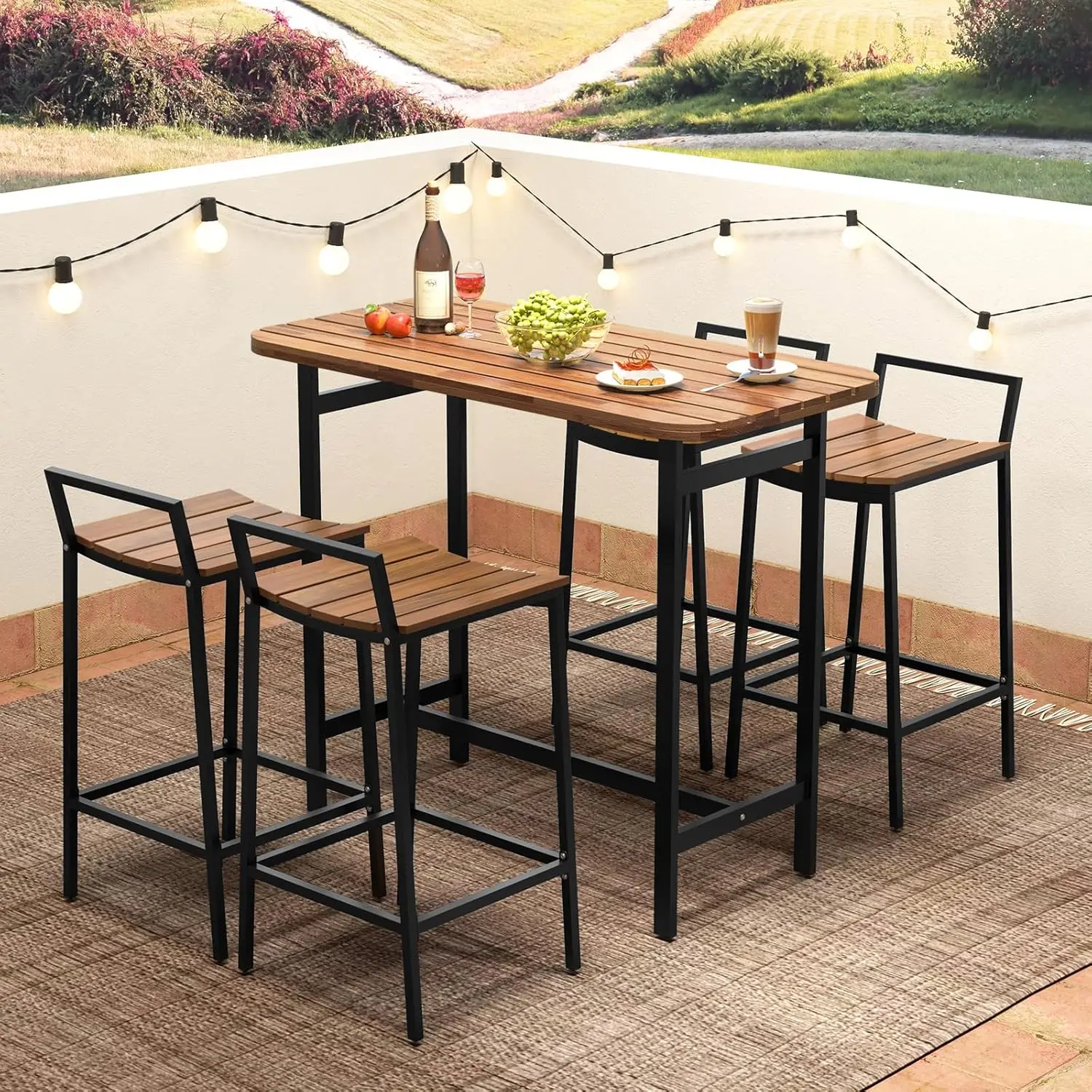 Tangkula 5 Piece Acacia Wood Bar Table Set, Outdoor Bar Height Table & Chairs With Metal Frame & Footrest, Patio Bar Table Set