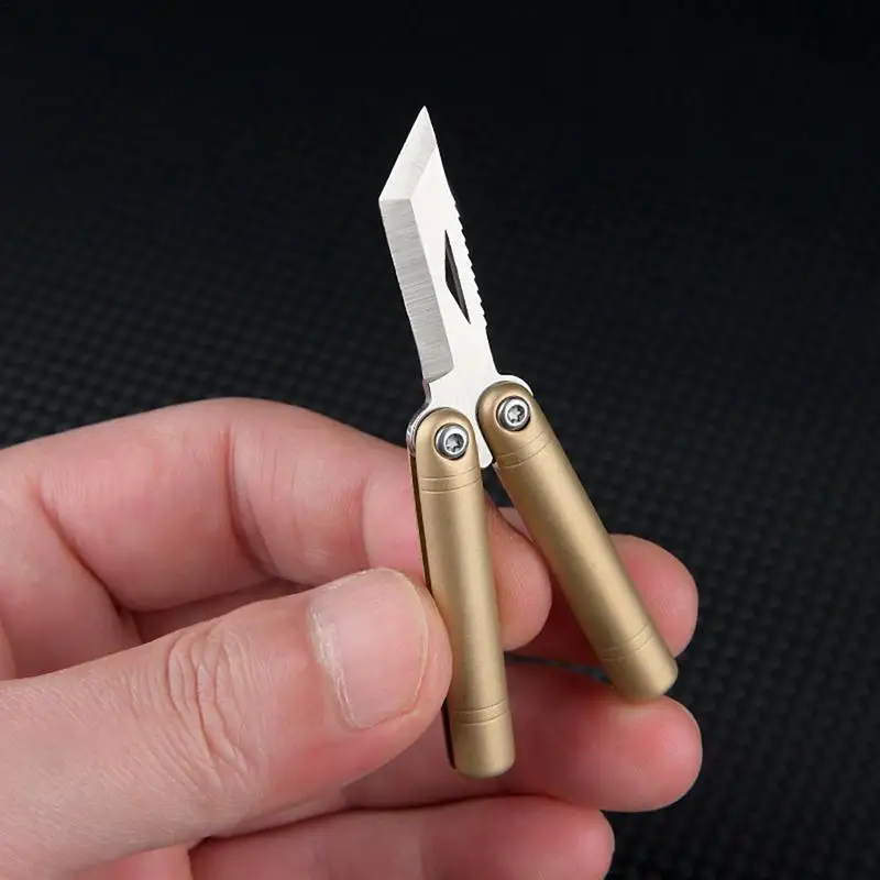 Folding Knives Brass Handle Pocket Cutter Keychain Outdoor Camping And Unboxing Portable Tool Mini Knives With Leather Case