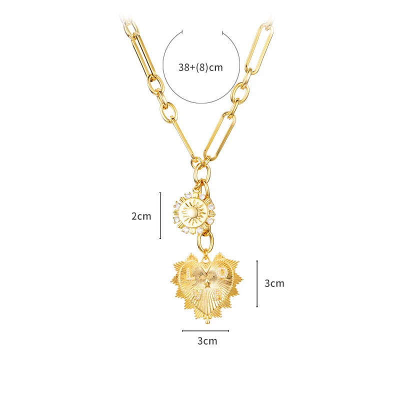 Sun Heart Pendant Choker Necklace Sweater Chain Necklace for Women Gils,18K Gold Plated Multi Pendants Chunky Chain Hip Hop