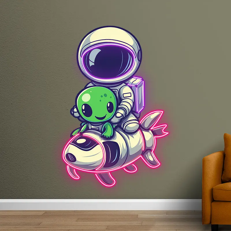 Alien & Astronaut Rocket Custom LED Neon Sign, Illuminated Light, Lighting Signage, LED Neon Acrylic Signs for Decoration