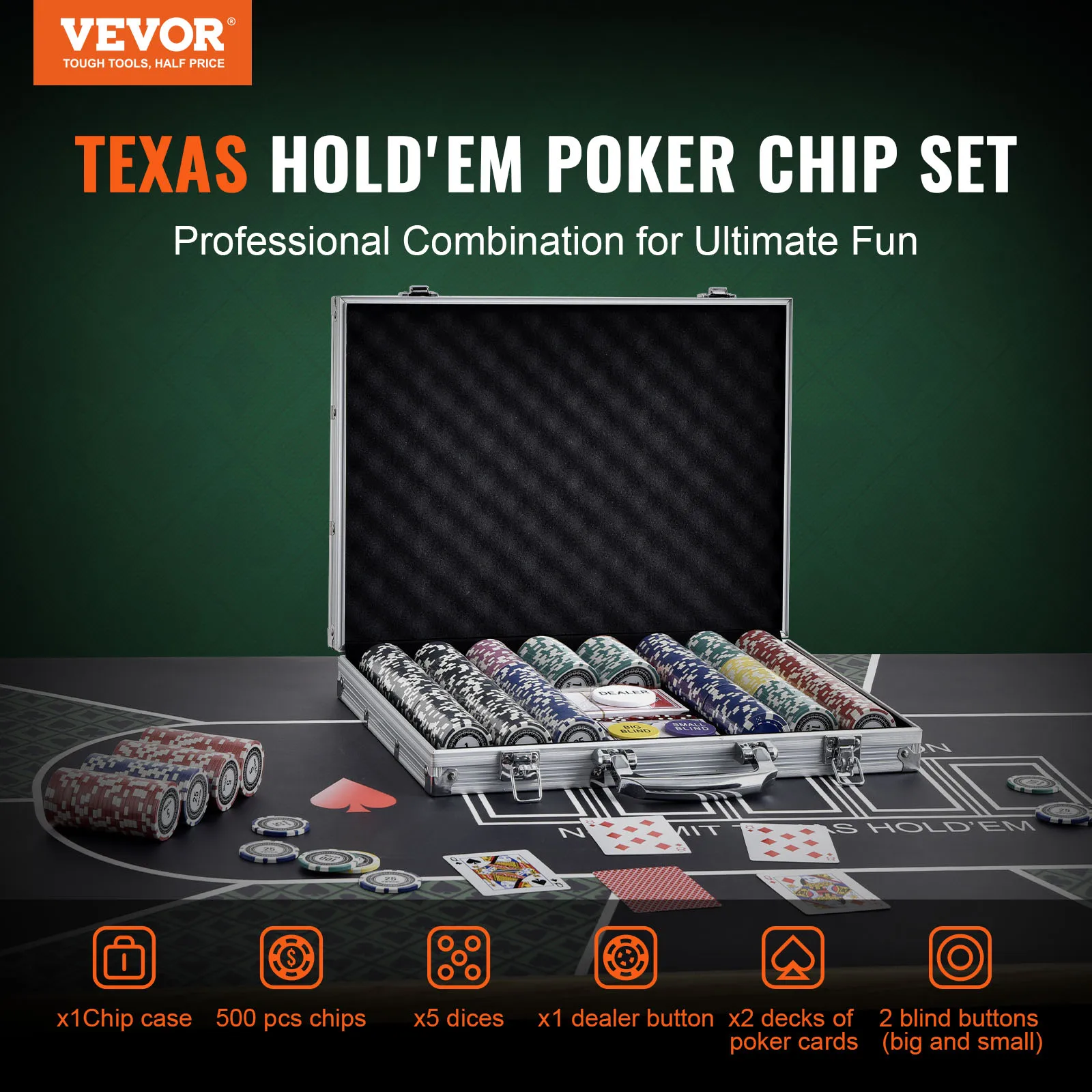 VEVOR 500 Pieces Poker Chip Set Complete Poker Playing Game Set with Aluminum Carrying Case for Texas Hold'em Blackjack Gambling