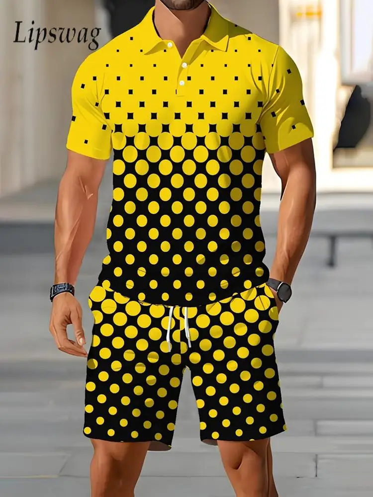 

Casual Short Sleeve Two Piece Suits Men Spring Summer Vintage Graphic Printed Outfits Mens Fashion Polo Shirt And Shorts Sets