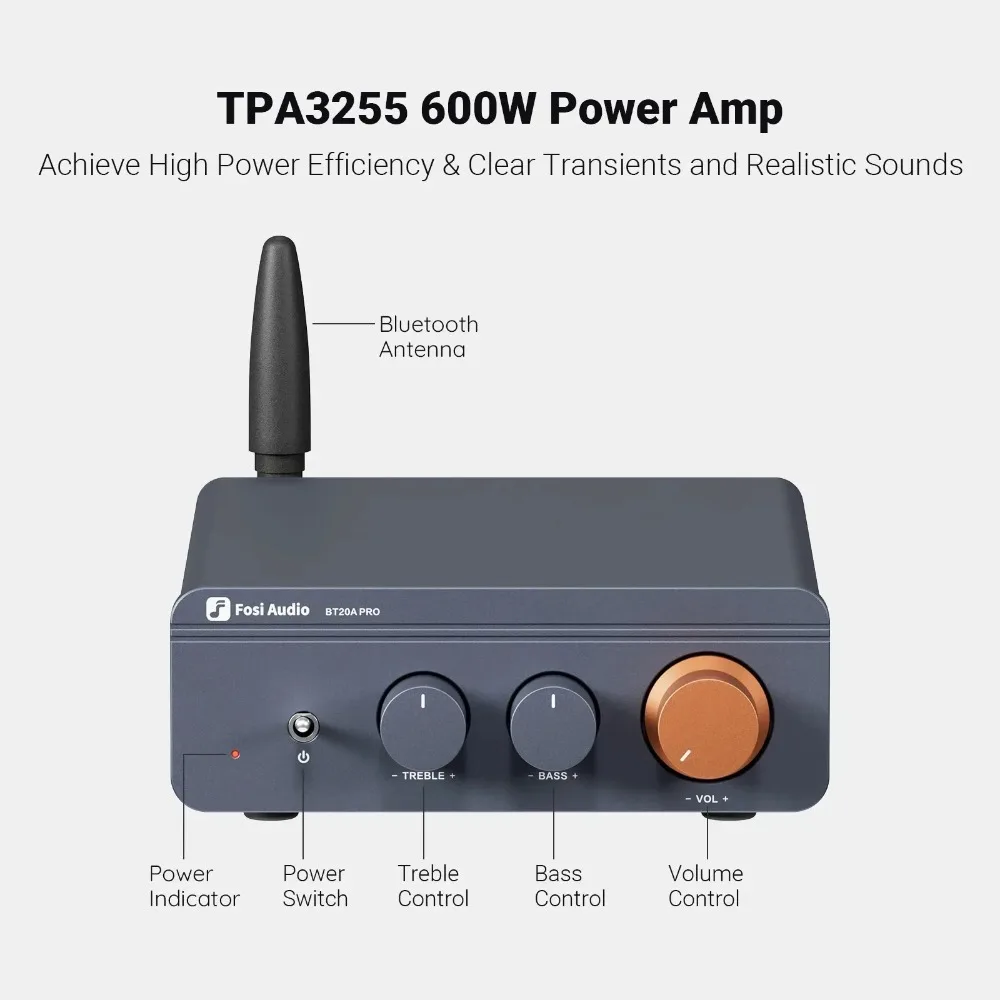 BT20A Pro TPA3255 Bluetooth5.0 Class D Amplifier Max600W 2.0CH Mini HiFi Audio AMP Treble Bass Control Home Speaker Power Amp