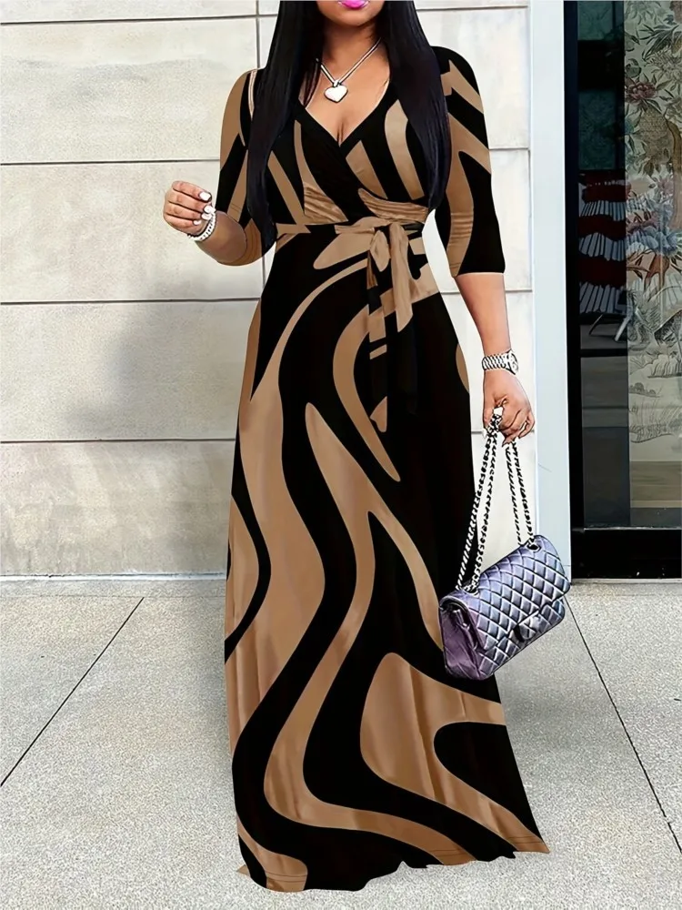 

Women's Fashion Print Dress For Women Casual Sexy Deep V Neck Lace-Up Loose Dresses Robe Femme Summer Holiday Womens Clothing