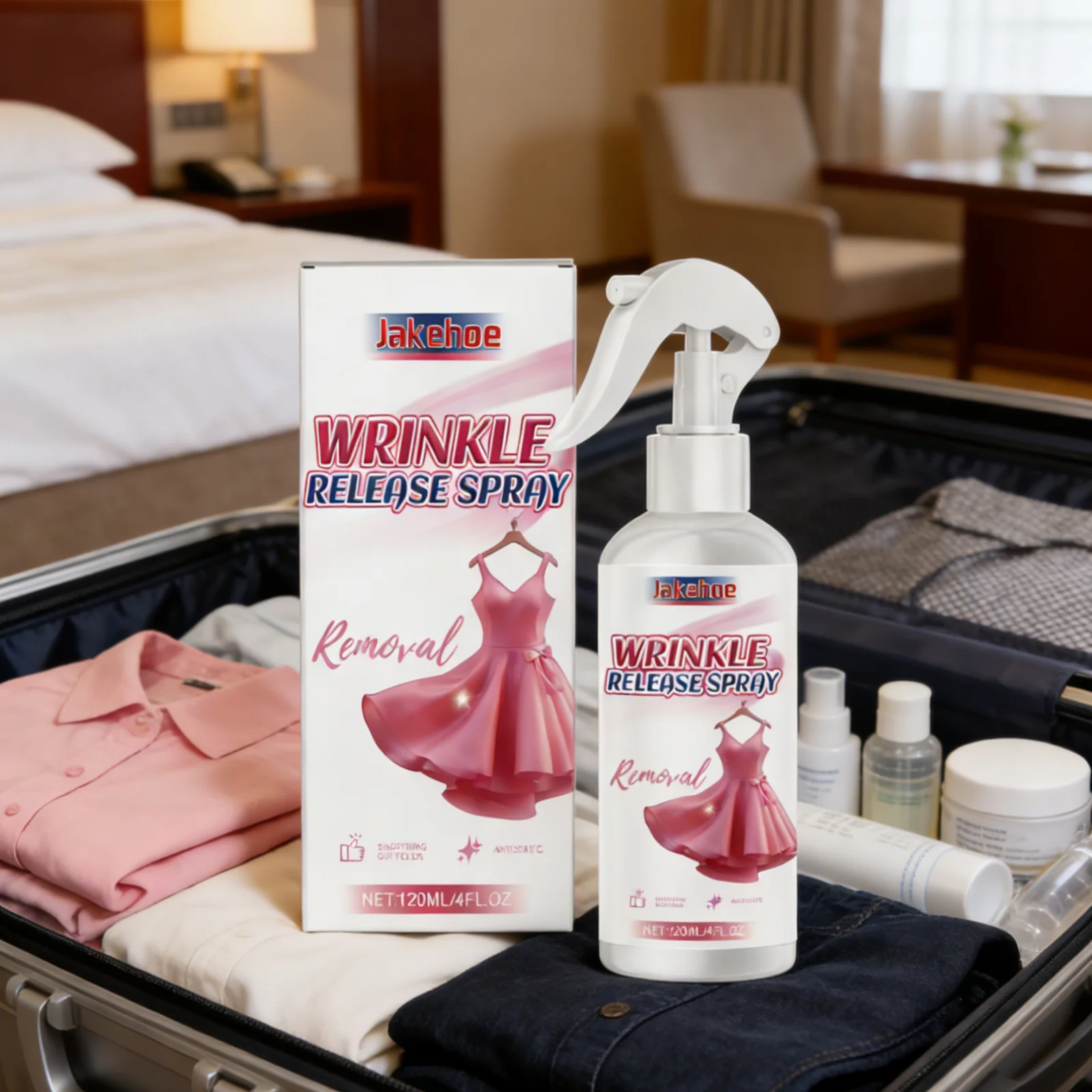 Jakehoe Wrinkle Release Spray for Clothes Smoothing Quick Wrinkle Remover Portable Gentle Ingredients Fabric Care Spray 120ml
