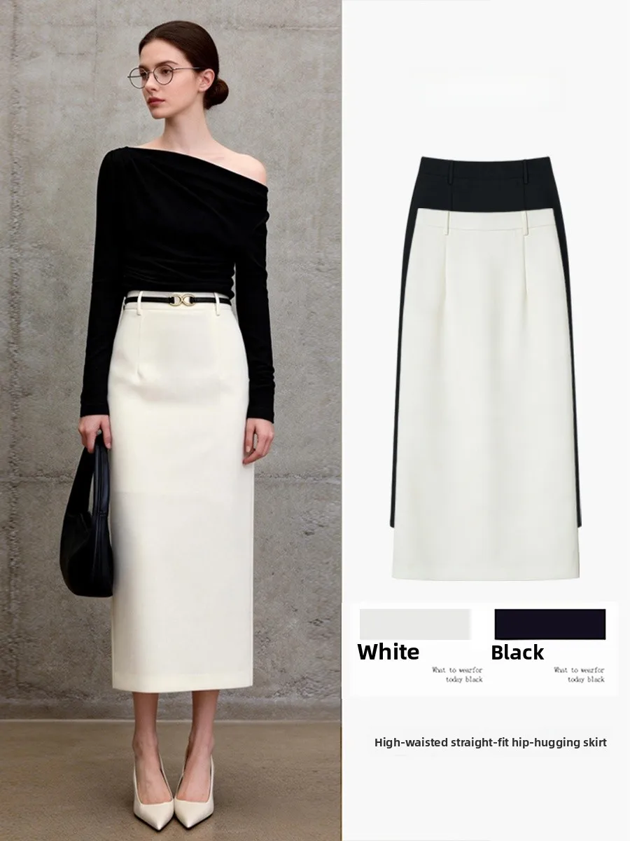 

White High Waist Business Style Half-length Skirt Women's Commuter Wind Wraparound Skirt Polyester Fiber Zipper Design Slim Fit