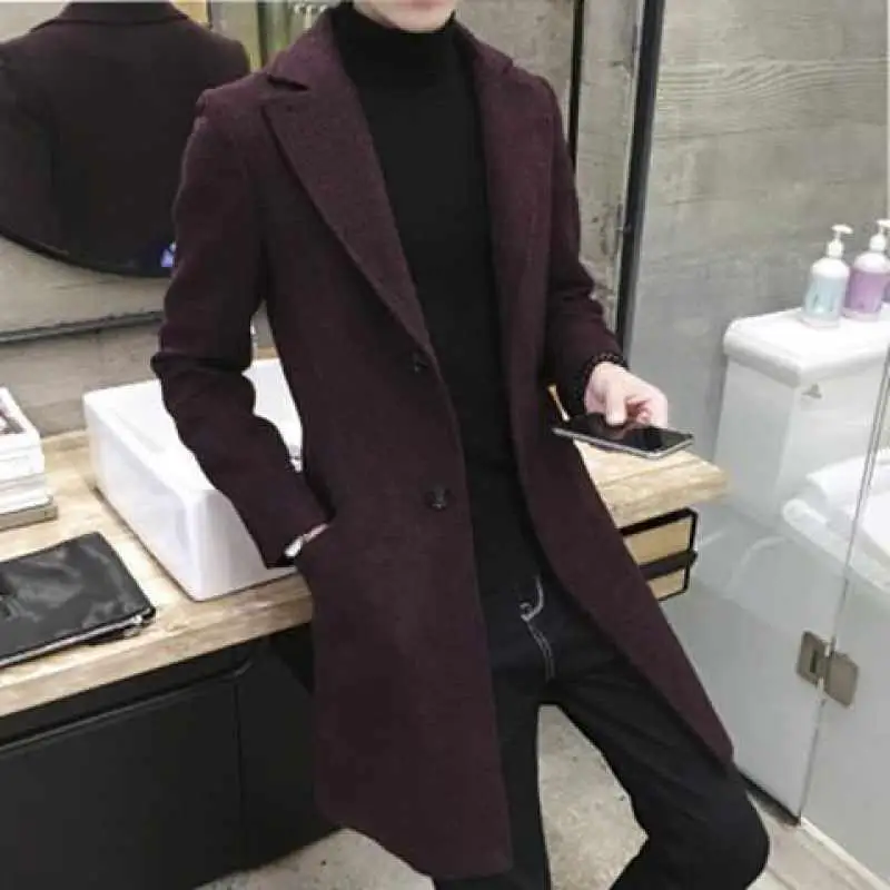 

Thickened Cotton Autumn Winter Coat Medium Length Slim Fit Warm Woolen Material Overcoat Korean Style Youth Casual Style