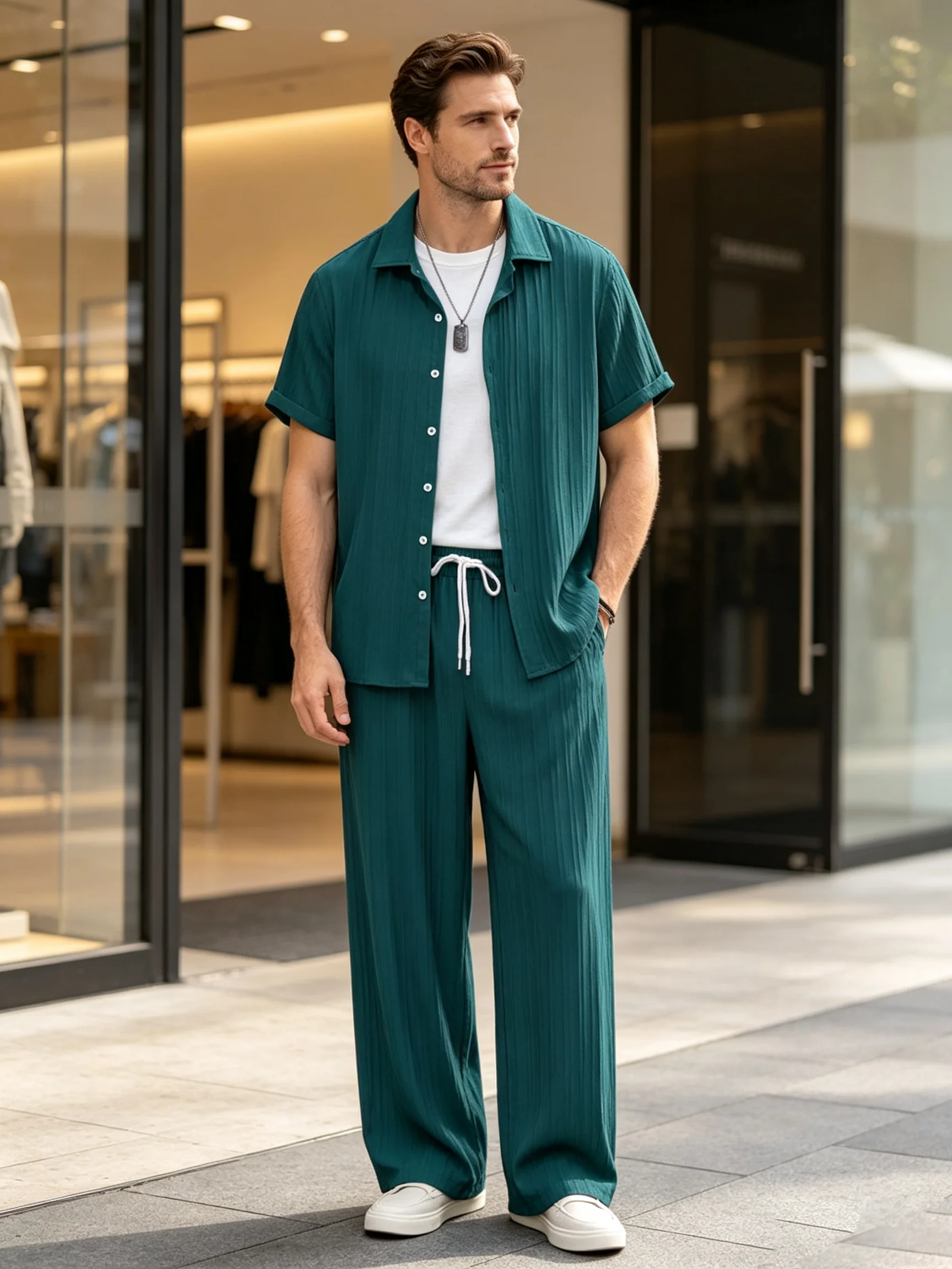 Men's Matching Sets Crinkle Stripe 2Piece Set,Collared Short Sleeve Shirt Drawstring Pants,Lightweight Polyester Casual Outfit