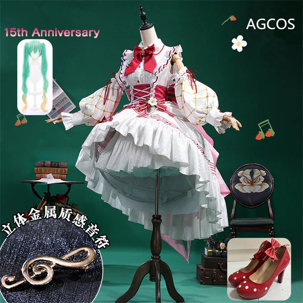 

Костюм для косплея AGCOS Miku на 15-ю годовщину, милое платье с клубничкой для девушек, комплекты рождественской одежды, обувь с париком Miku, косплей