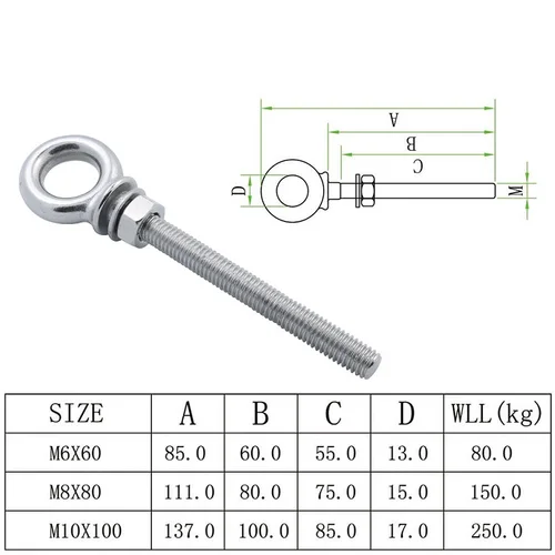Imagen 2 del producto Perno de ojo de elevación de hombro largo HX, acero inoxidable 316 con tuerca M6 M8 M10 para elevación de cuerda de alambre