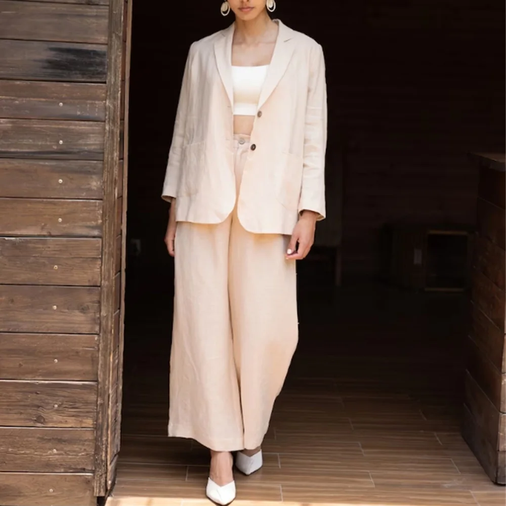 

Women's Set Two Piece Linen Beige Loose Relaxed Vacation Four Seasons Woman Outfits conjuntos para mujeres 2 piezas elegantes